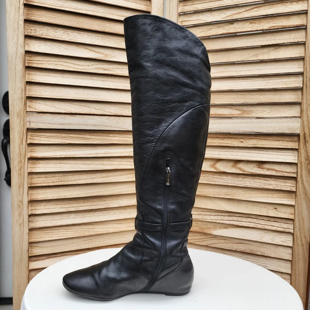 Via Spiga 8M Black Leather Over The Knee Flat Tall Boots Classic Minimalist Fall